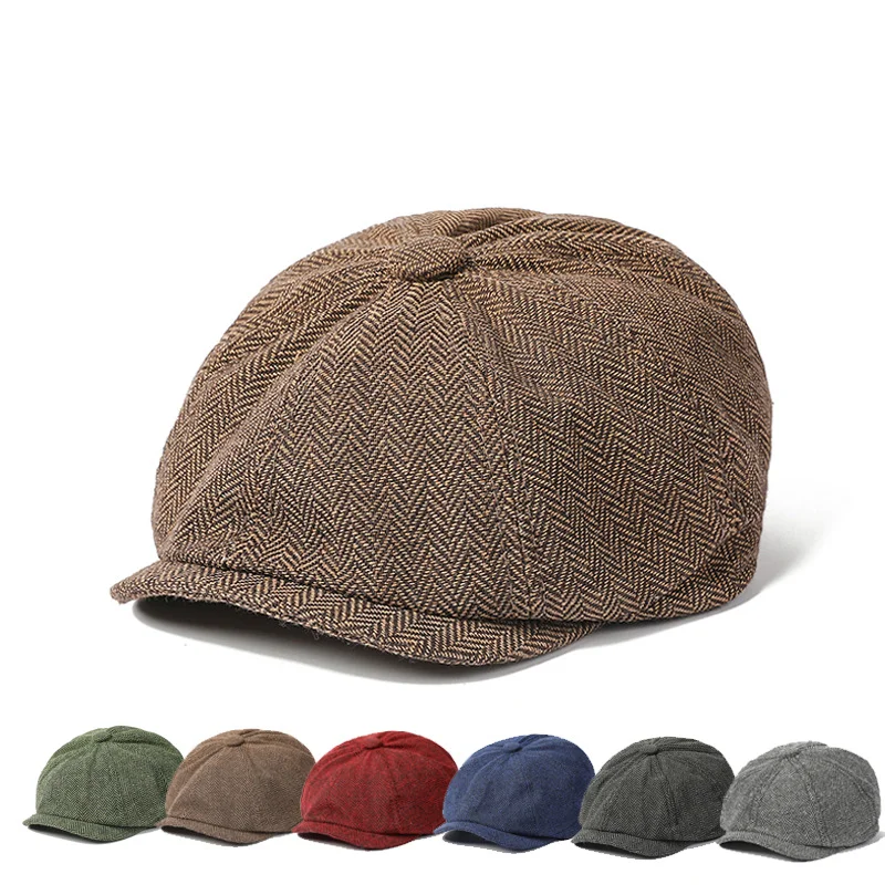 2024 Fashion and Leisure Art Retro Herringbone Octagonal Hat Men's Beret European and American Style Painter Hat Art Duck Tongue Hat_voghion.com