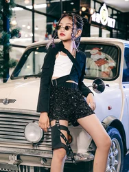 ZZL K-pop Stage Outfits Y2K Girls Fashion Clothes Black White Sequin Suit Jazz Dance Urban Cool Children Catwalk Performance