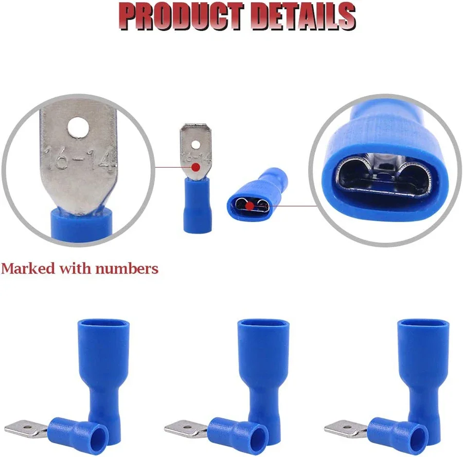 100Pcs 6.3mm Blue Insulated Spade Terminals – Male & Female Crimp Connectors for 14-16 AWG Wire, Electrical Wiring Kit