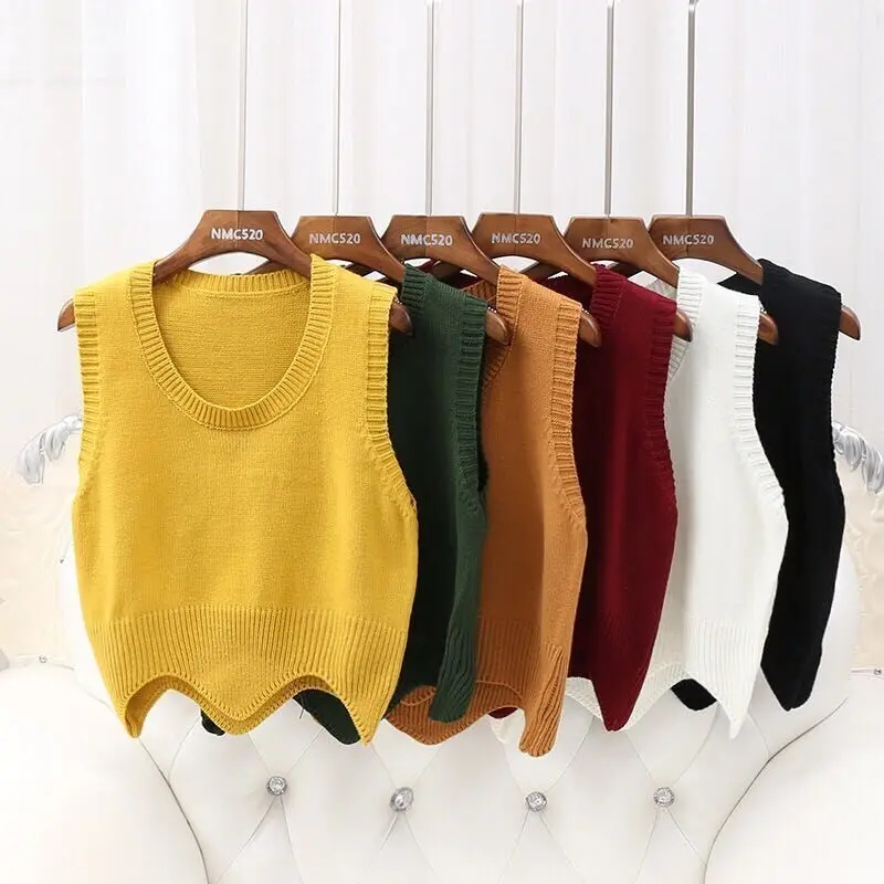 

Spring Autumn New Round Neck Knitted Vest Pullover Women's Vest Girls' Sweater Knitted Loose Casual майка Yellow