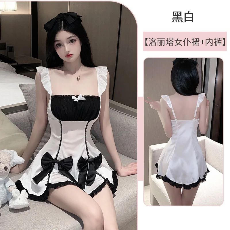 Maid Mini Dress Tops 2025 Summer Sexy Servant Dress Elegant Bow Tie Fashion Slash Neck Sweet Korean Women  New 9P97