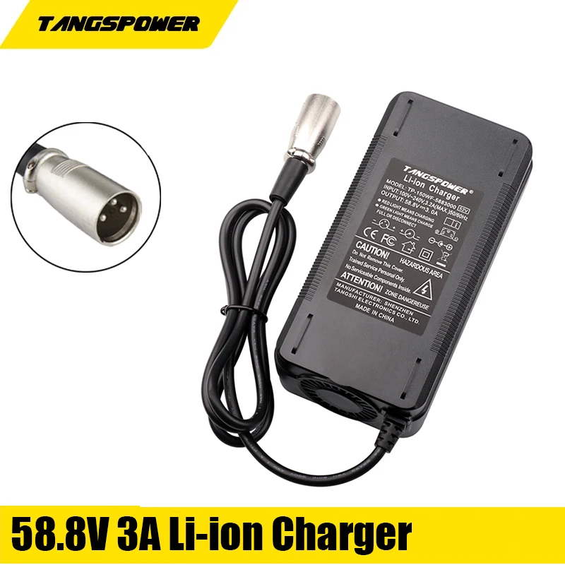

58.8V 3A Smart Lithium Battery Charger For 14S 52V Electric Scooter E-bike Li-ion Battery Connector 3-Pin XLR With Cooling Fan