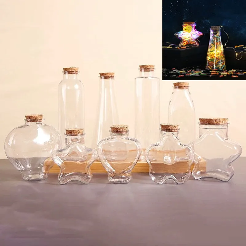 2X Iron Tower/Heart/Bear/Gourd/Cat Wishing Bottle With Cork Plastic Bottle Candy Box Transparent Empty Message Lucky Star Bottle 2