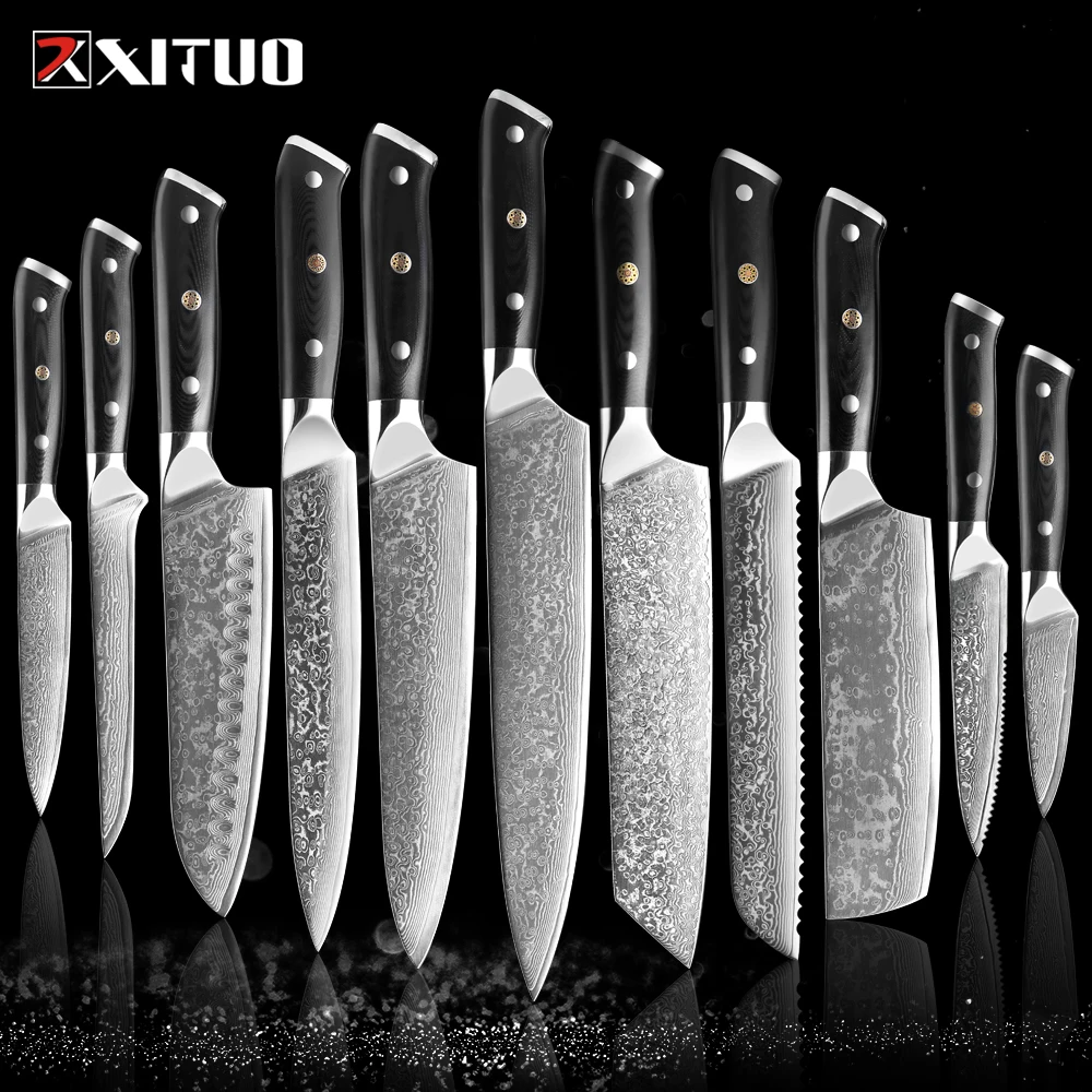 

XITUO 1-9 Piece Damascus Steel Kitchen Knives Multifunction Cleaver Paring Bread Cutter Chef Special Knife Sets With G10 Handle