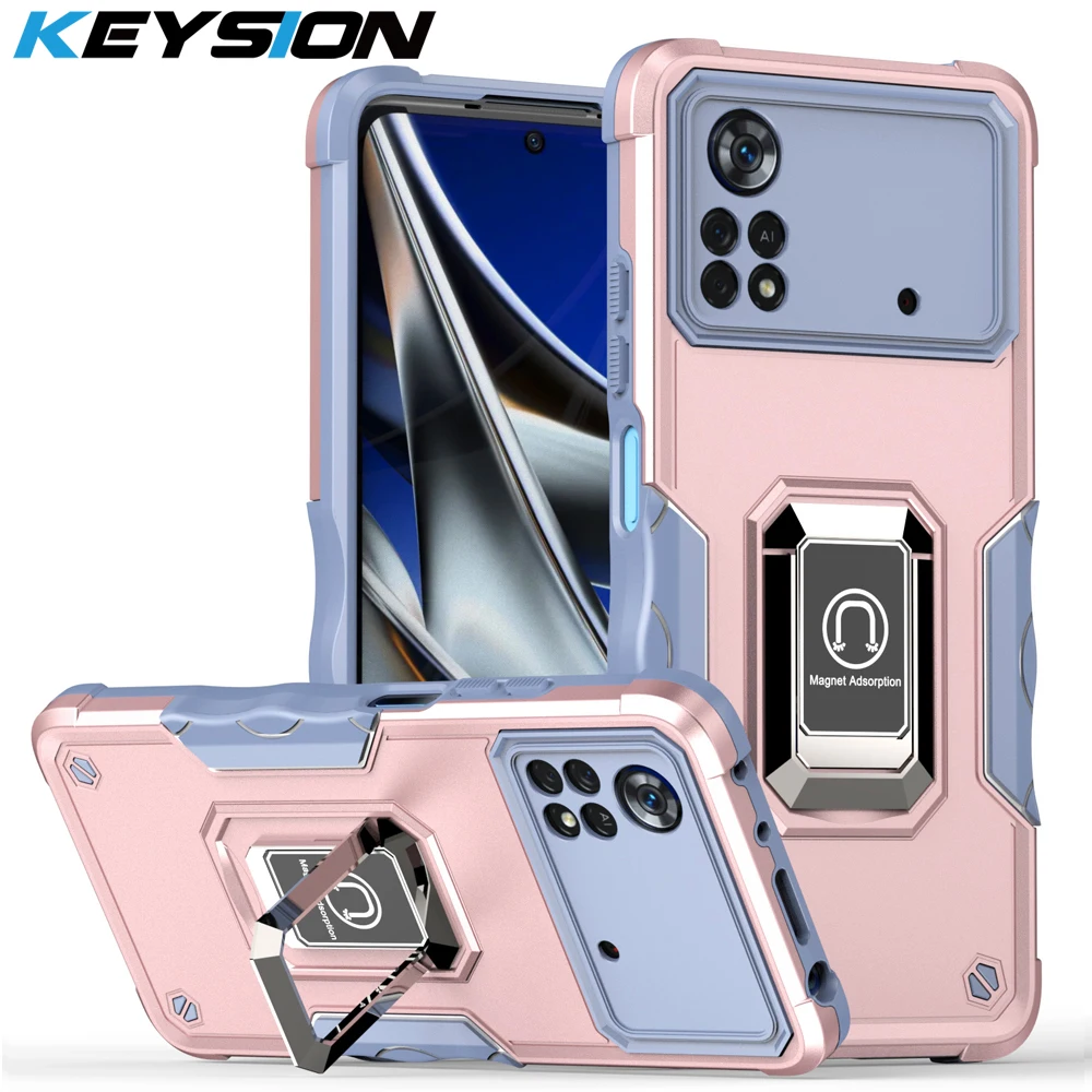 

KEYSION Shockproof Armor Case for POCO X4 Pro X5 5G Soft Silicone+PC Metal Ring Stand Phone Back Cover for Xiaomi POCO M4 Pro 4G