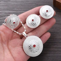Silver Plated Fashion Ethiopian Red CZ Earrings/Pendant/Ring Jewelry Sets Silver Plate Africa Bride Wedding Eritrea Set Gift 1