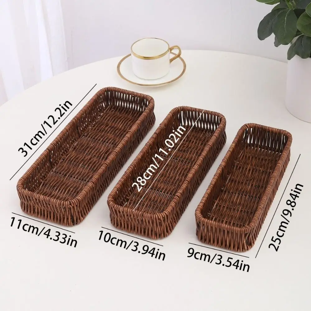 Imitation Rattan Storage Basket Faux Wicker Tray Plastic Picnic Basket Bread Food Plate Fruit Box Desk Decoration 6