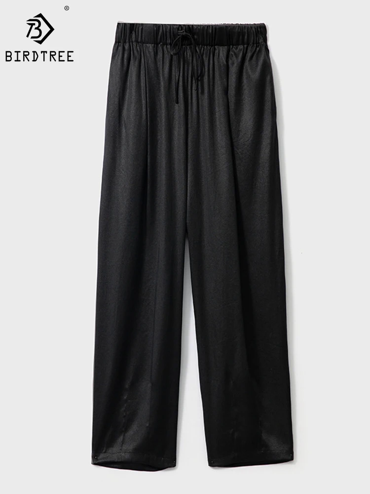 

Birdtree 90%Mulberry Silk Wide-leg Pants Watered Gauze Elasticated Waist Straight Casual Cropped Trouser Autumn New B39506QD