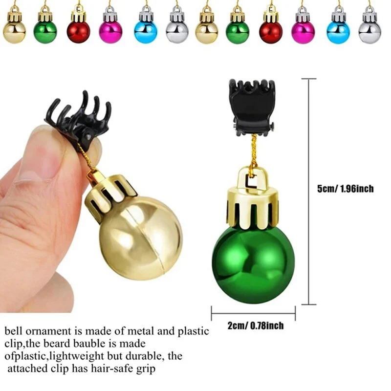 12PCS Christmas Bulb Beads Beard Ornament Colorful Christmas Clip Ball Ornament Xmas Beard Pendant Bright XMAS Ball Cosplay Toy