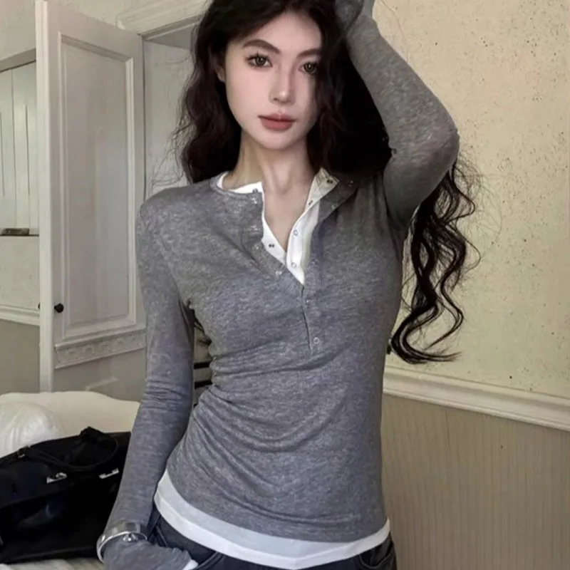 Women's Fake Two Pieces Base Layer T-Shirt Sexy V Neck Contrast Color Long Sleeve T-Shirt Autumn Casual Slim Fit Versatile Tops 5