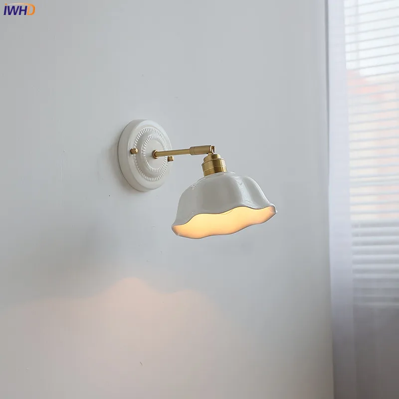 

IWHD White Ceramic LED Wall Light Fixtures Copper Arm Socket Bedroom Living Room Beside Lamp Modern Wandlamp Applique Murale