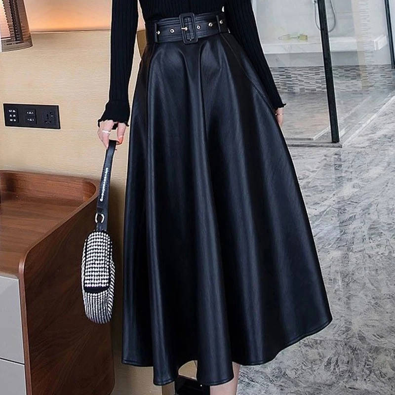 Leather half body mid to long length, 2024 spring slim, big swing A-line high waist umbrella autumn and winter half skirt