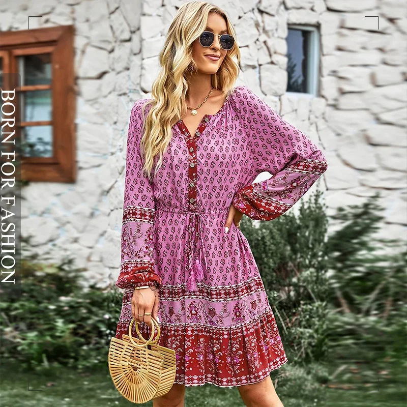 

Elegant Floral Long Sleeve Mini Dress Women Button Drawstring Lace Up Boho A-line Dress Ladies Casual Beachwear Autumn Vestido