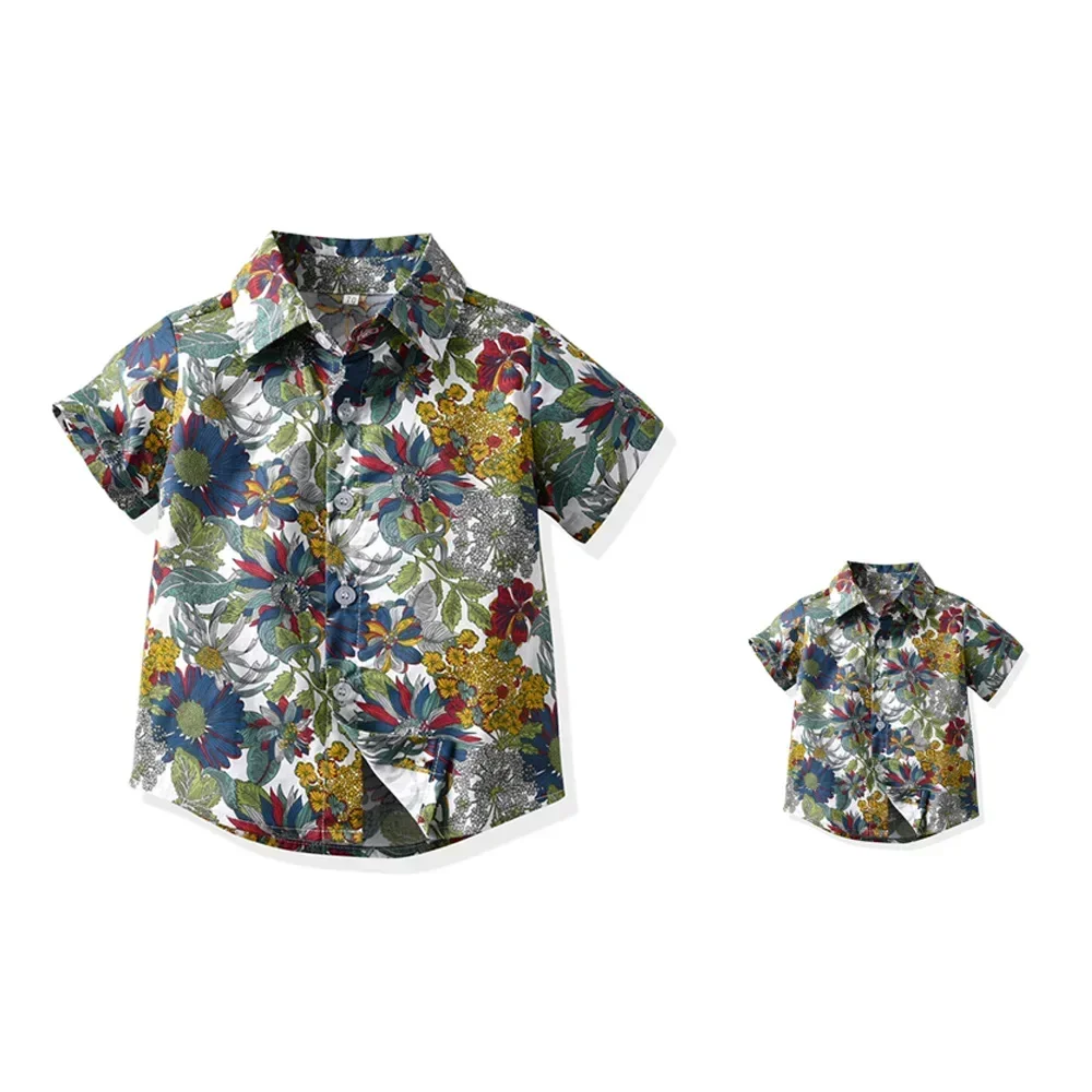 Seaside Holiday Dad-son Matching Summer Shirt Beach Style Short-sleeved Flower Shirt Family Matching Shirts Dad and Son Shirts 4