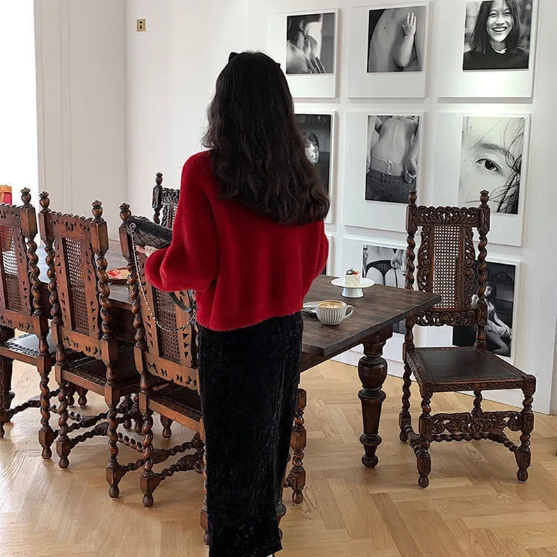 Description Picture 6 of itemFashion Faux Mink Fur Sweater Coat Ladies Korean Chic O-neck Soft Knitted Short Cardigan Women All-match Single-breasted Sweater