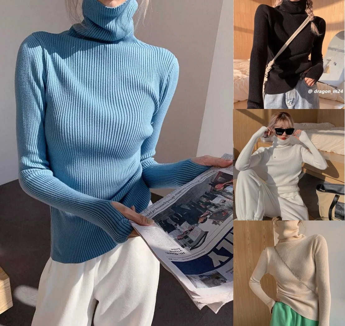 

Turtleneck Sweater‘s Winter Solid Color Pullover Slimming Interior Lapping Warm Basic Tops Knitted Korean Version Women Sweater