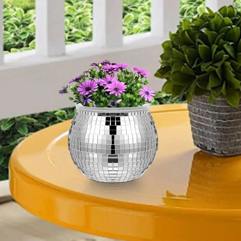 Disco Ball Flower Pot Disco Ball Flower Vase Silver Mirror Glass Decor Vase Planter Disco Ball Plant Holder for home decoration 4