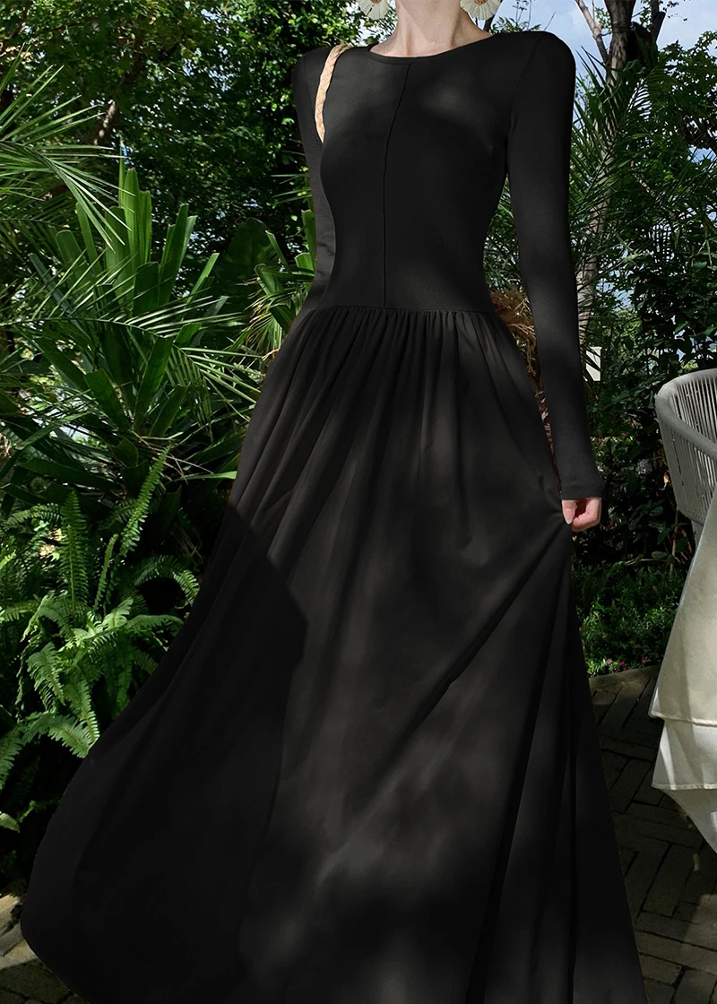 Vestidos largos informales de retazos para mujer, cuello redondo, mangas largas, corte en A, otoño primavera, moda coreana, vestidos de una pieza para mujer, nuevos