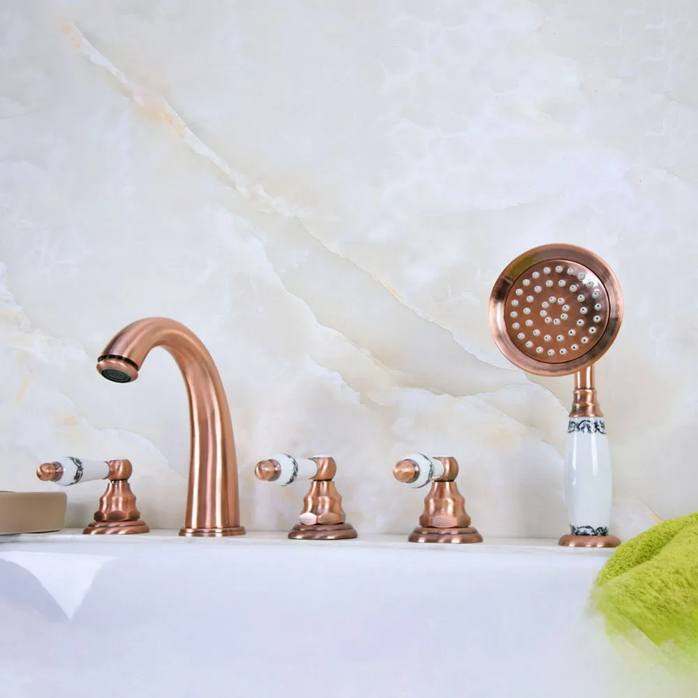 

Antique Red Copper Five Hole Deck Mounted Bathroom Tub Faucet Set with 150CM Handheld Spray Shower Mixer Tap 2tf233