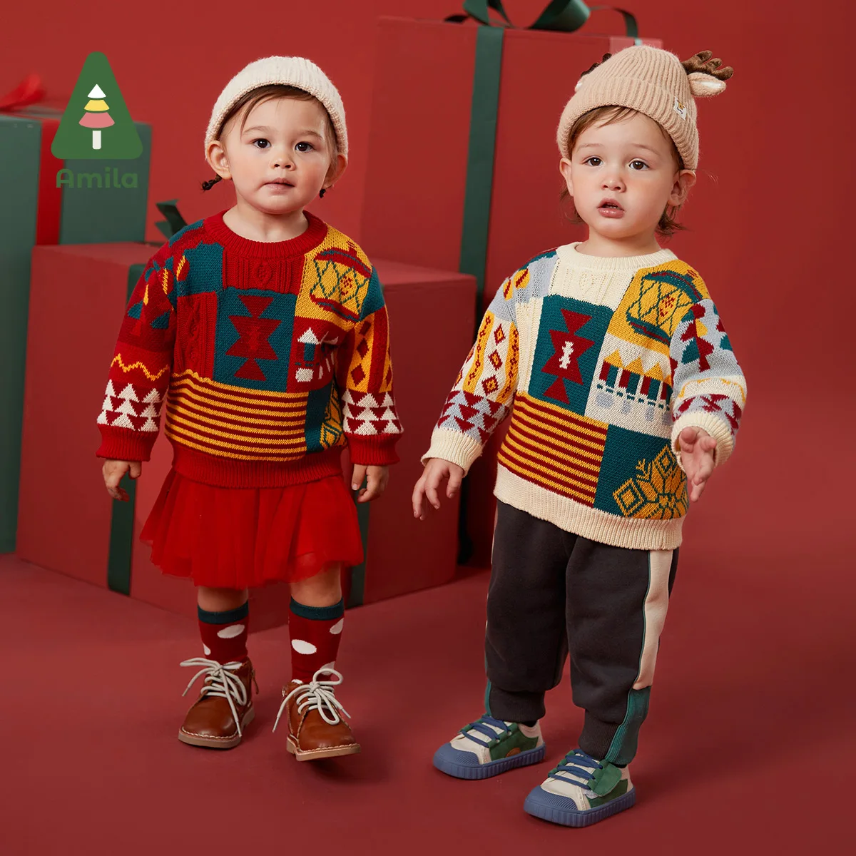 Amila Baby's Sweater Winter New Boys And Girls Jacquard Twisting Technology Original Checkered Color Block Pattern Sweaters