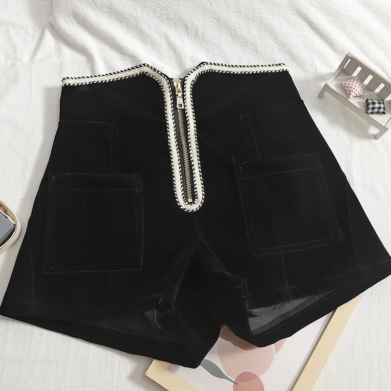 

Women Spring Tweed Shorts Zipper Hem Women Shorts A-line Wide Leg Skirts High Waist Skirts Women 2022 Spring Women