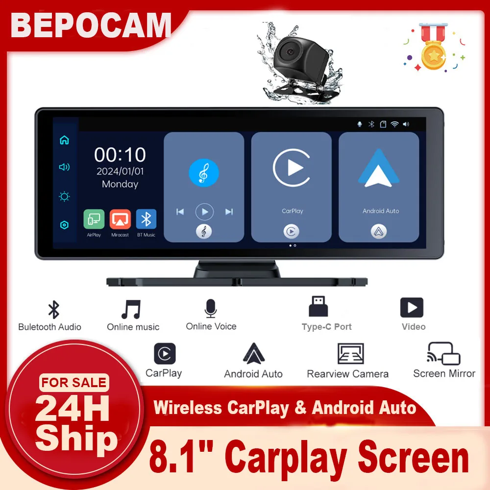 BEPOCAM 8.1 ''écran Carplay pour voiture sans fil CarPlay Android Auto lecteur vidéo multimédia autoradio universelle AUX FM autoradio 1