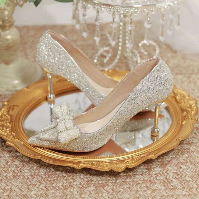 Luxury Crystal Wedding Shoes for Women Pointed Toe Cinderella Heels Shoes  Rhinestone High Heels Shoes Sequin White Wedding Shoes - AliExpress