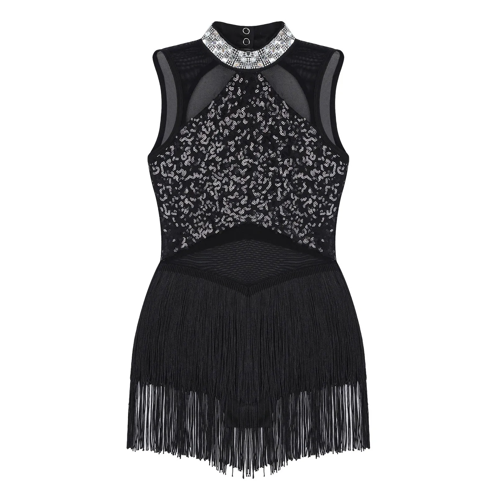 Kids Girls Latin Jazz Dance Dress Sleeveless Rhinestone Sequin Tassel Leotard Bodysuit Costume Cha-cha Samba Performance dance dress