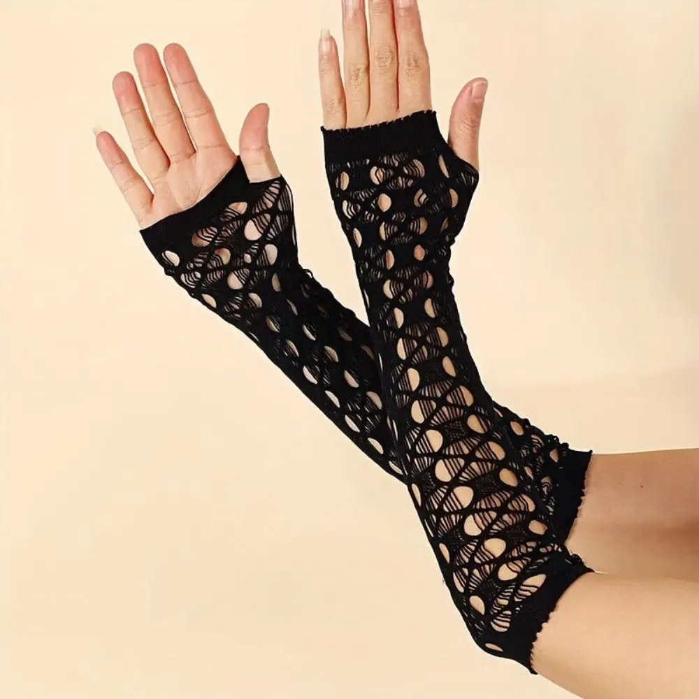 

Cross Hollow Women Long Gloves Retro Punk Black Cosplay Arm Covers Stretchy Gothic Fishnet Mesh Fingerless Gloves