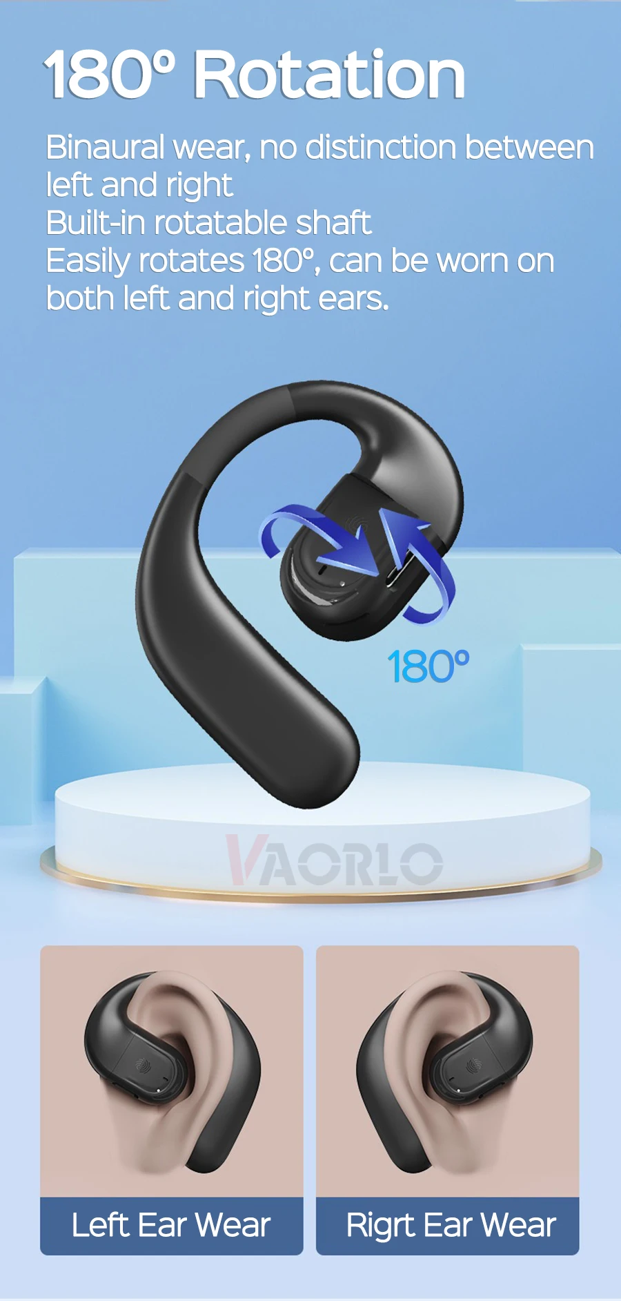 VAORLO Ear-hook Bluetooth 5.4 Business Earphone 180° Rotation Open Ear Headset With Mic Long Battery Life HiFi Stereo Headphone