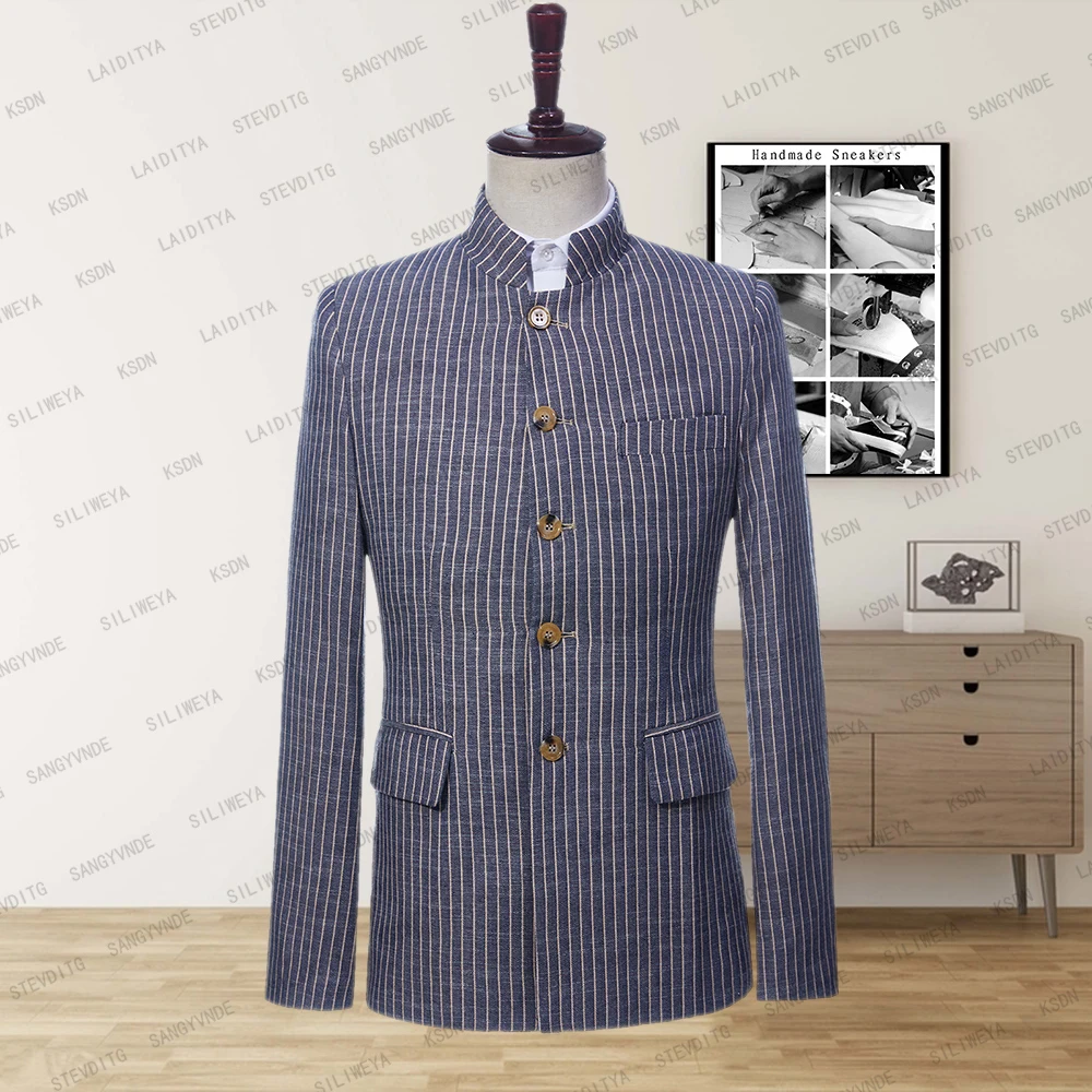 

Мужской деловой костюм в белую полоску, классический однобортный приталенный эластичный костюм темно-синего цвета с воротником-стойкой, новинка 2023