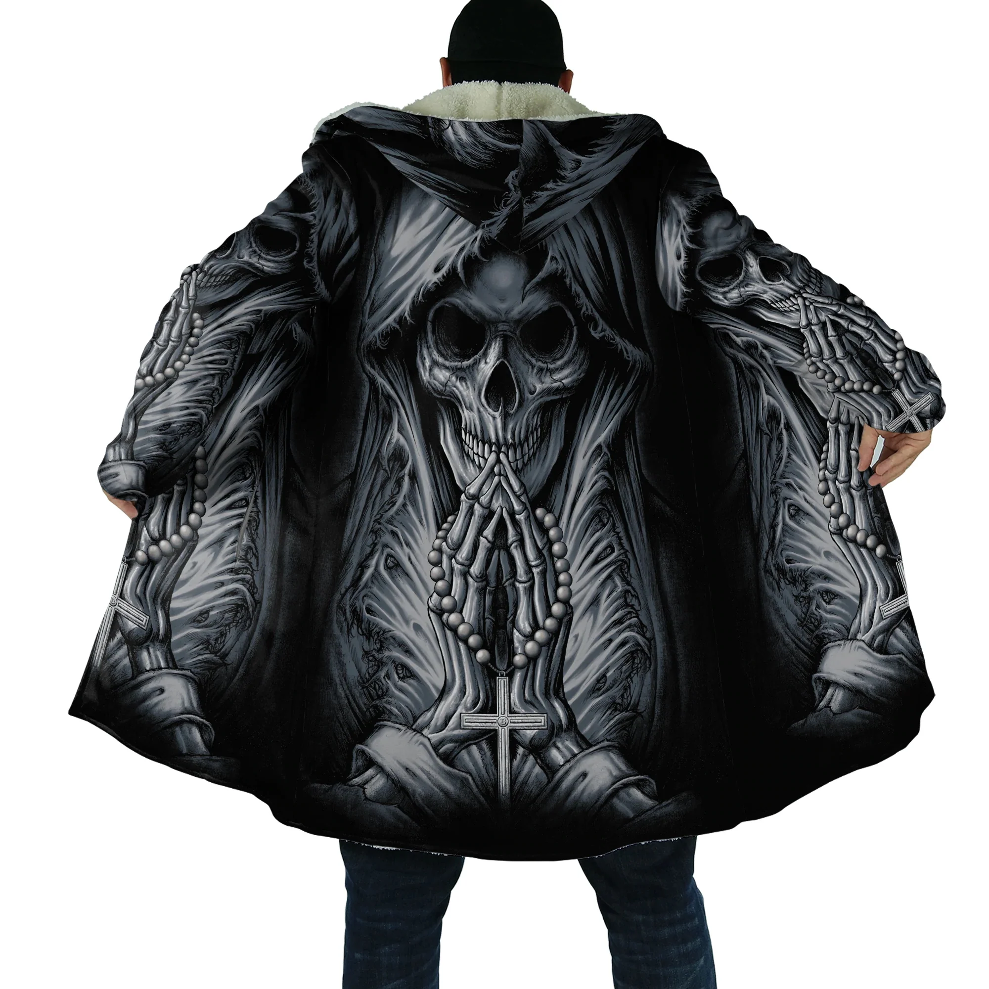 PLstar Cosmos Mens Cloak Reaper Skull Tattoo 3D All Over Printed Fleece Hooded Cloak Unisex Casual Thick Warm Cape coat PF69