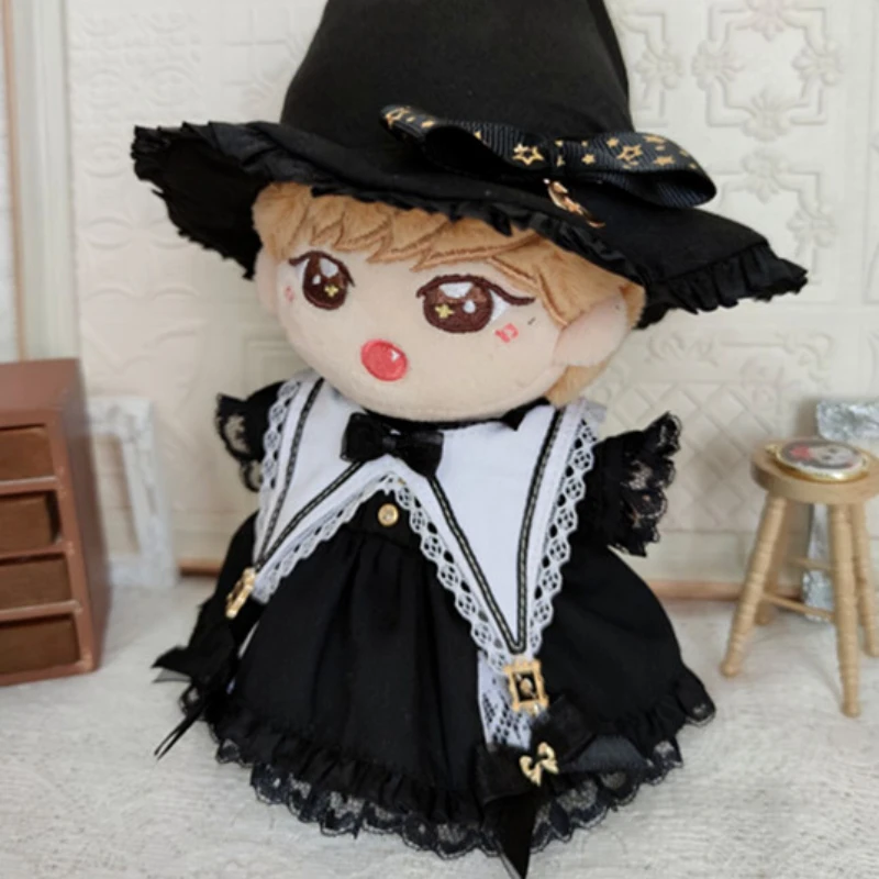 

Handmade 3pc/set 15cm Doll Clothes Black Magic Hat Mesh Collar Dress Suit Plush Dolls Outfit Clothing Doll Dress Up