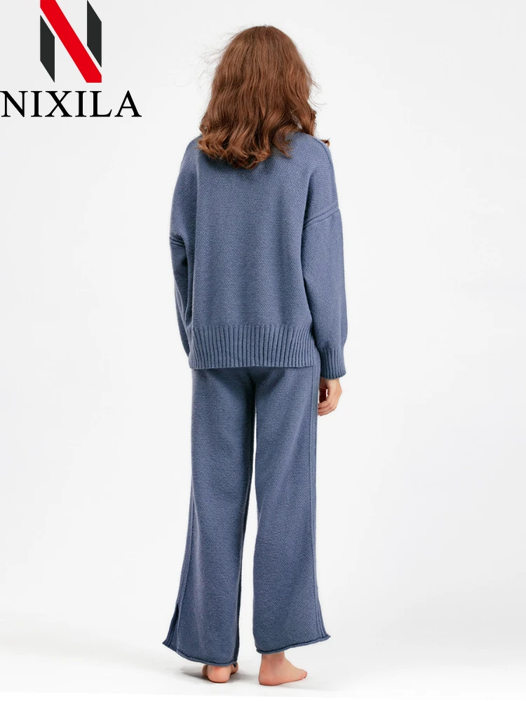 Conjunto de Jersey largo y pantalones pitillo de punto para mujer, jersey  de manga larga con abertura acanalada y cuentas, cintura alta, 2 uds. -  AliExpress