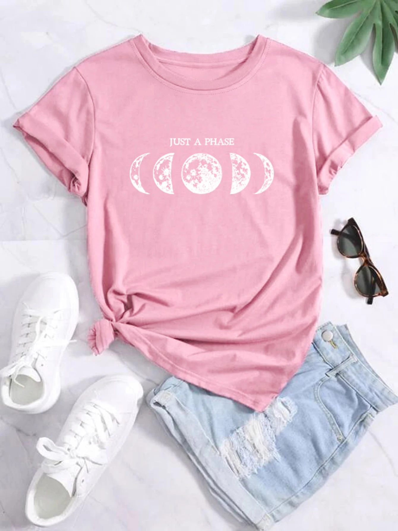 JUST A PHASE Print Crew Neck T-shirt, Casual Loose Short Sleeve Fashion Summer T-Shirts Tops, Women's Clothing687_voghion.com