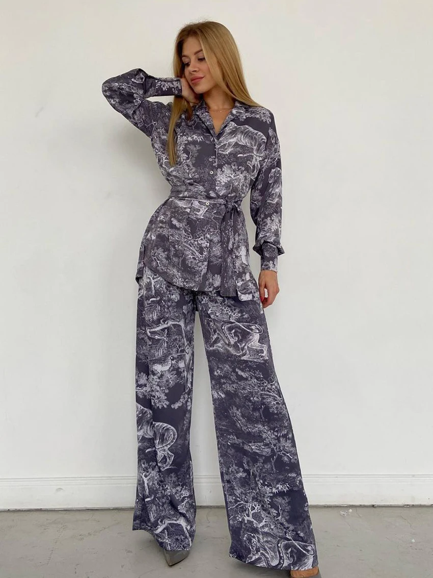 Marthaqiqi Printing Women Pajama Set Turn-Down Collar Nightwear Long Sleeve Nightgowns Pants Casual Female Nightie 2 Piece Suits