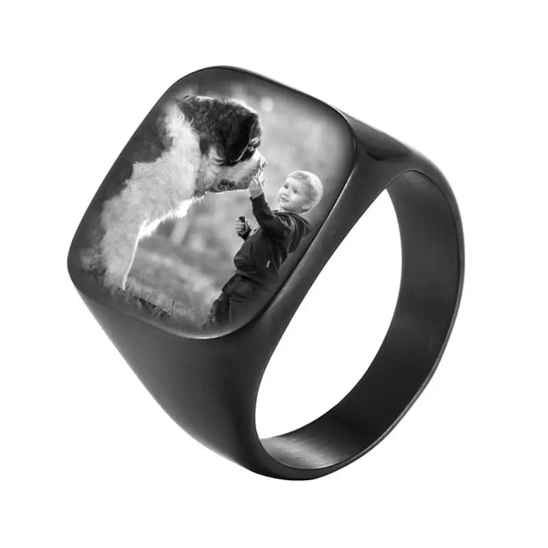 Personalized Customized Name Engraved Photo Ring Stainless Steel Square Men Women Signet Rings Family Photo Engagement Wedding