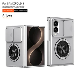 Magnetic Fold Stand Dual Layer Phone Case with Slide Lens Cover and Holder for Galaxy Z Fold4 (Silver)