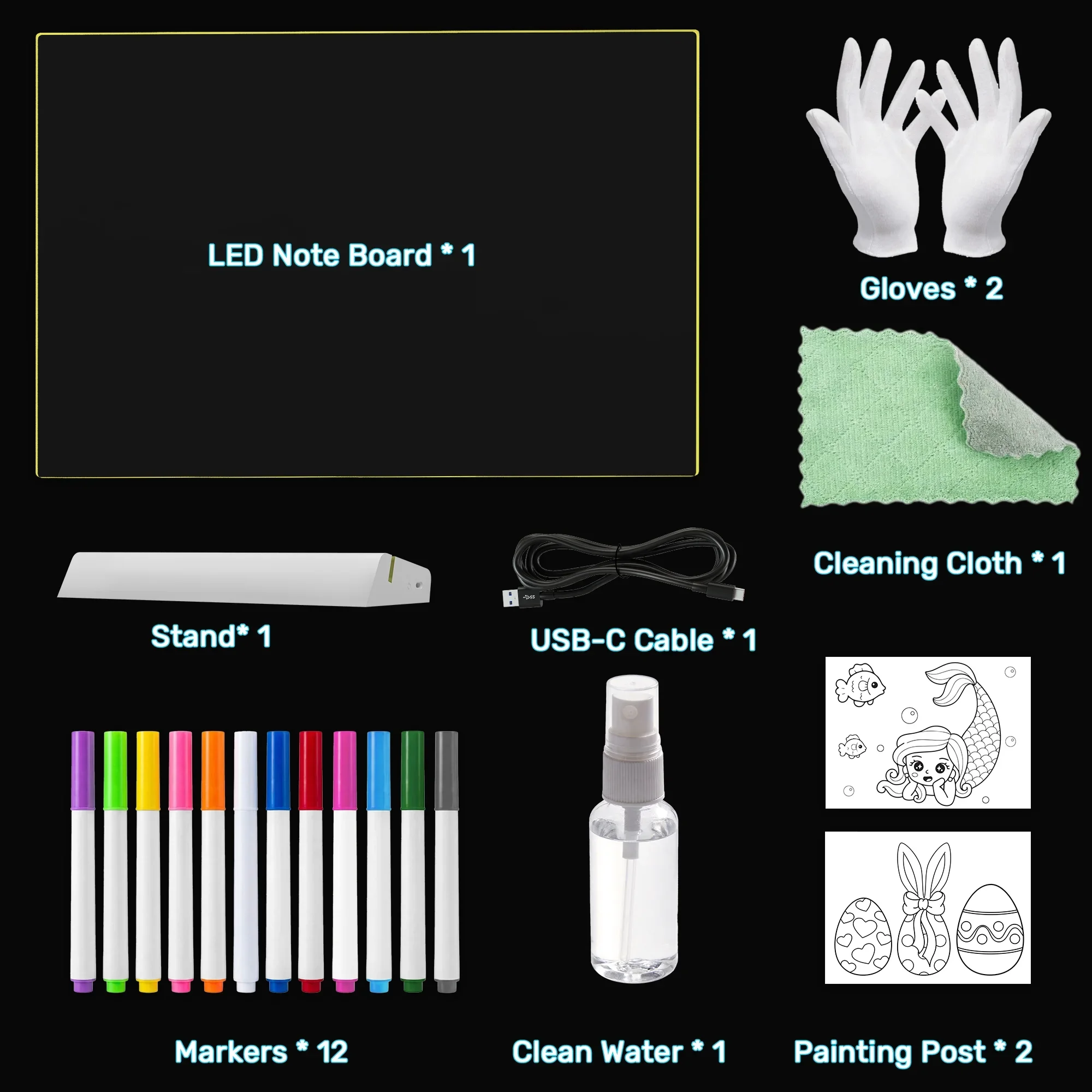 7가지 색상의 충전식 11.8인치×7.9인치 LED 드로잉 보드 | 글로우 네온 드라이 이레이즈 낙서판, 아트용 멀티컬러 LED 야간 조명