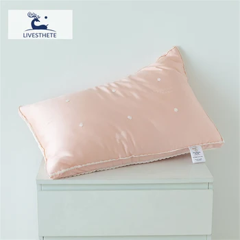Liv-Esthete Women Sleep Gift 100% Silk Pink Pillow King Queen Silk Inner Pillow For Sleeping Neck Protection Bed Jacquard Pillow