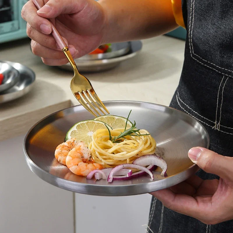 304 Stainless Steel Round Plate Double-Walled Insulated Dinner Plate Plates for Snack Dishes and Fruit dining dish