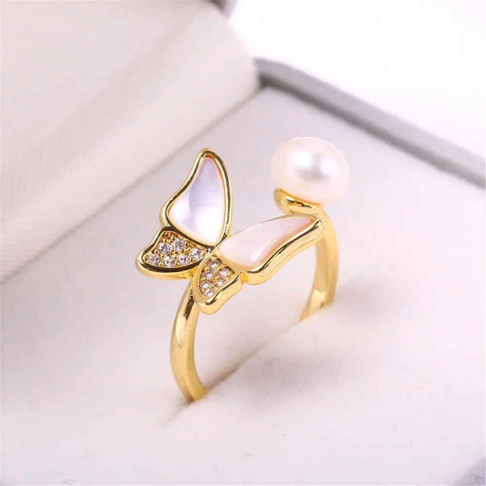 

Copper Plated 18 Karat Butterfly Shell Zircon Pearl Ring Accessory with Adjustable DIY for Empty Holder Opening
