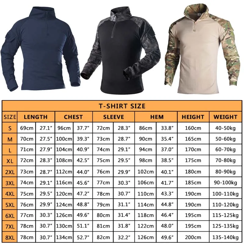Men's Long Sleeve Combat Shirt 1/4 Zipper Ripstop Cotton Tactical Shirts Camoufalge Airsoft T Shirts Wear Resistant 2