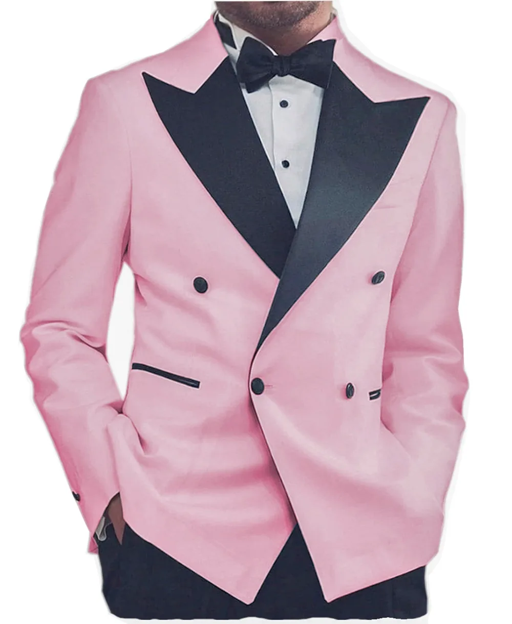 Casual Mens  Suits Peak Lapel Flat Blazer Double Breasted Groom Tuxedos Trousers For Wedding (Jacket+Pants)