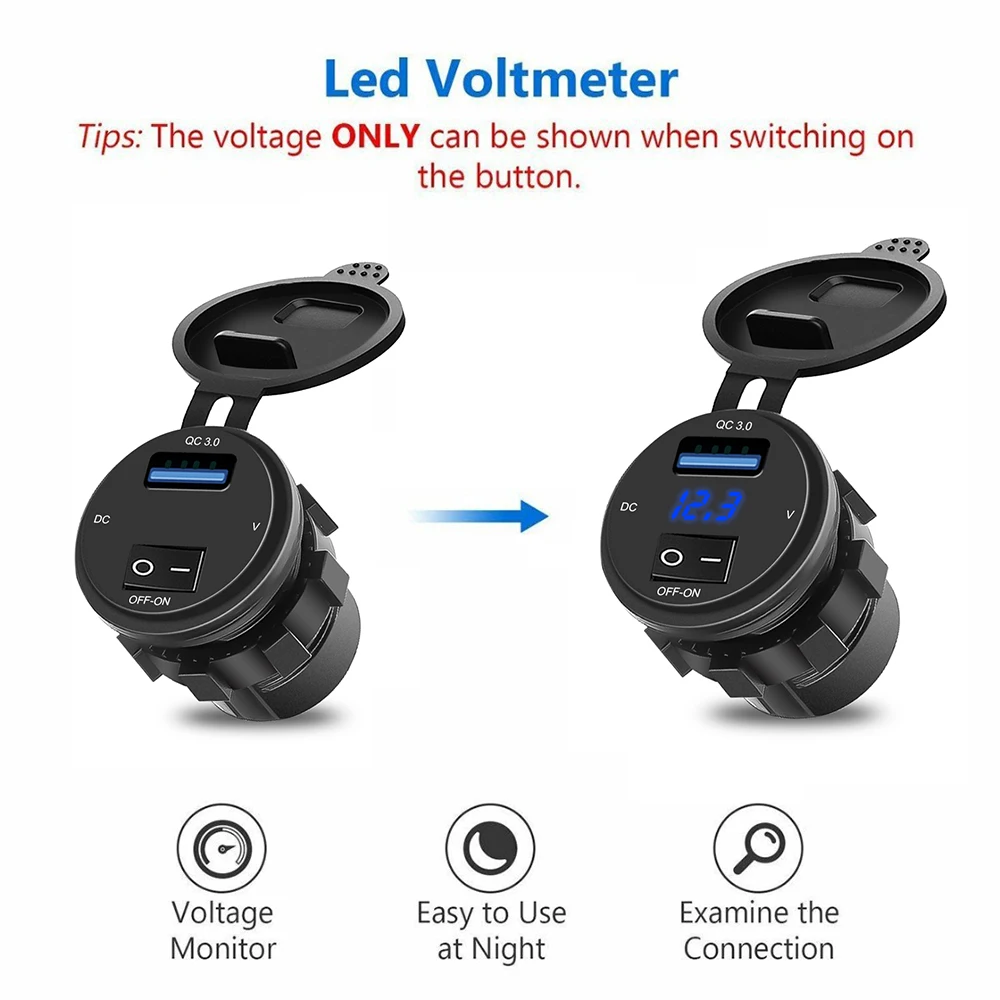 스위치 LED 전압 디스플레이 충전기 소켓, 자동차 트럭 ATV 보트 오토바이용, QC3.0 USB 충전기, 18W, 12V, 24V