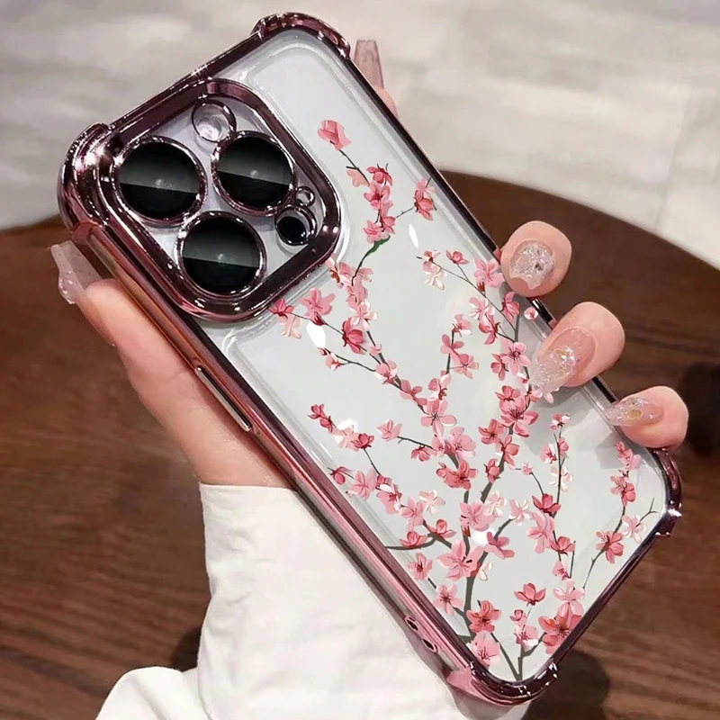 Plum Blossom Electroplated Transparent Soft Phone Case with Airbag Anti-Fall Protection