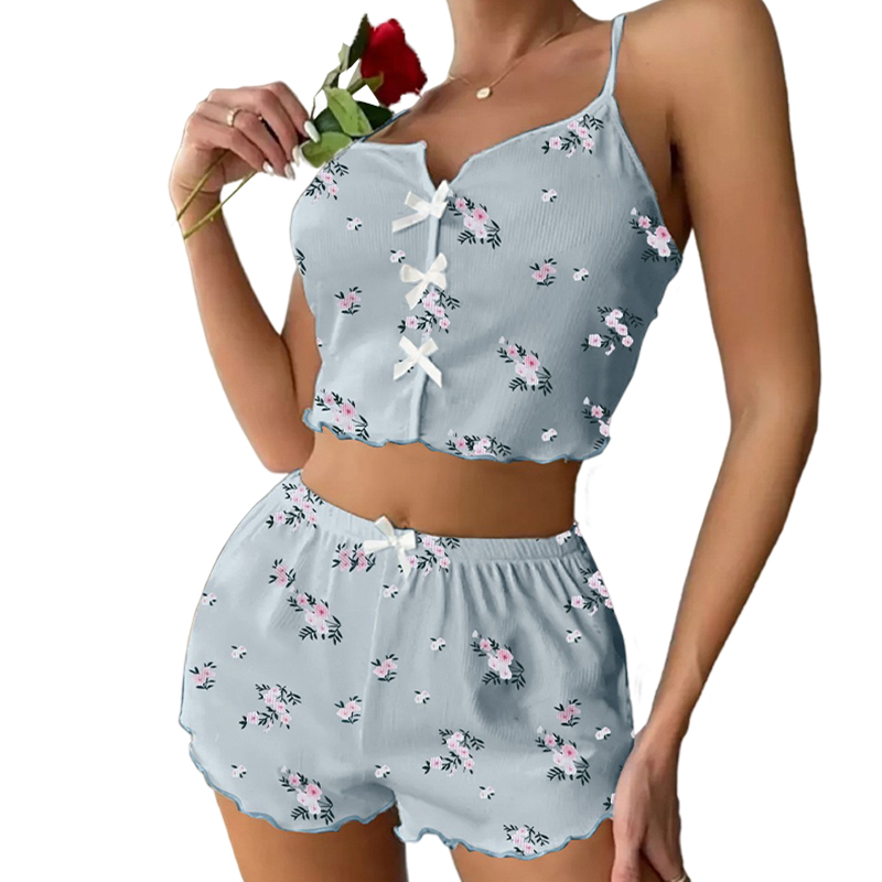 Summer Sleepwear Women Fashion Floral Print Pajama Set V Neck Cami Top Lettuce Trim Shorts Sexy Lingerie