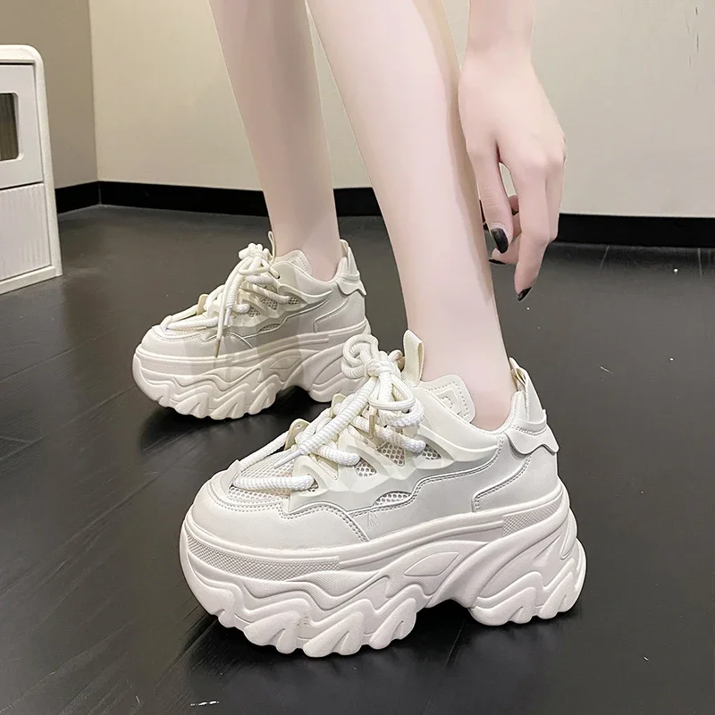 Hidden Heels White Chunky Sneakers Women Breathable Lace Up High Platform Shoes Woman 2025 Autumn Non-Slip Thick Bottom Sneakers 5