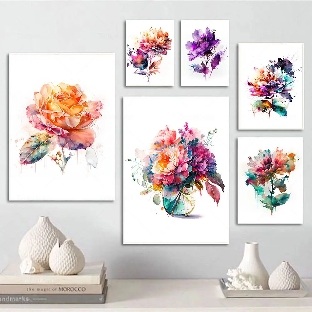 

Fresh Colour Watercolor Flowers Canvas Painting Nordic Posters And Prints Flora Wall Art Picture for Living Room Home Decoration