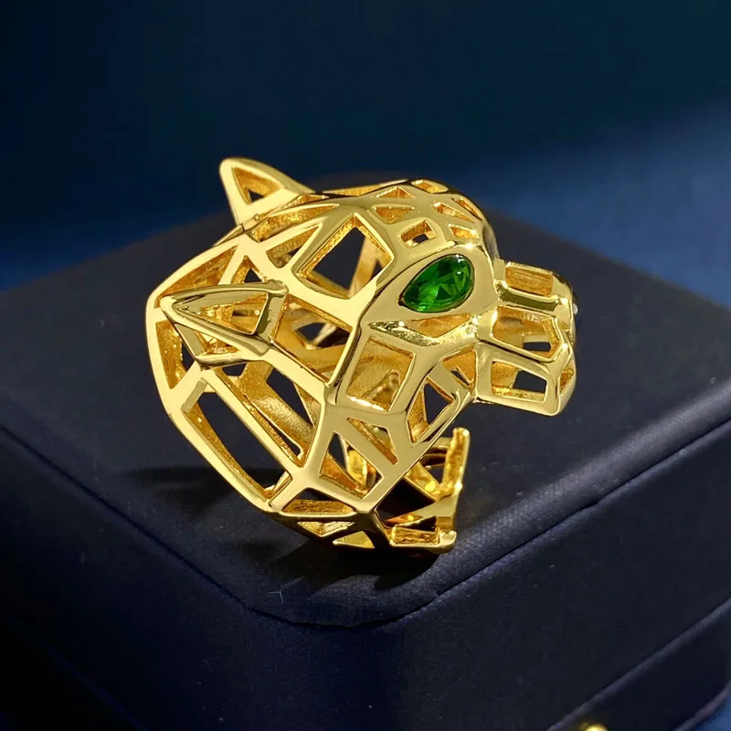 Top Quality Hyperbole Green Eye Crystal Stone Vacuum Plated Gold Stainless Steel Leopard Ring For Men Women Fashion Jewelry